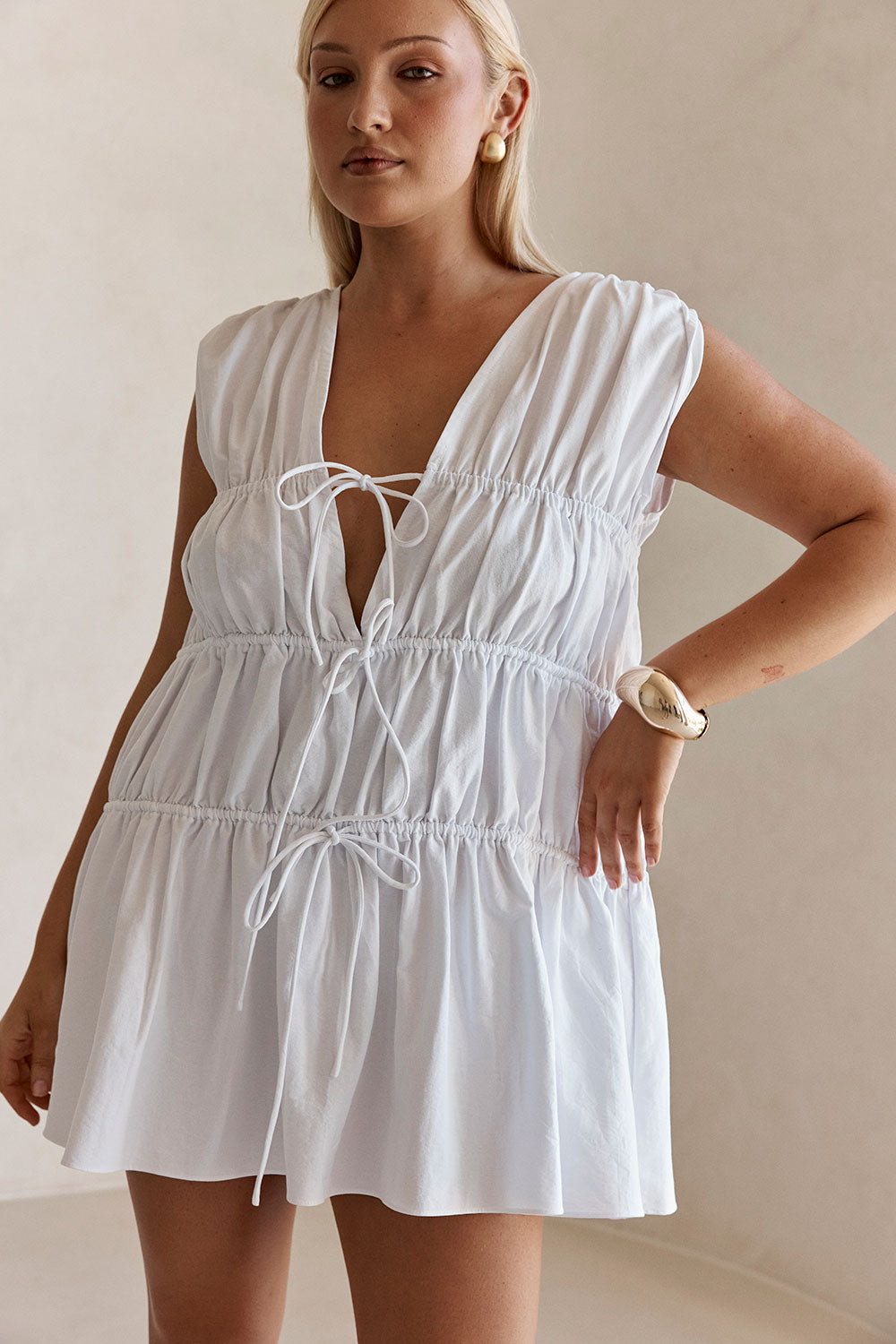 Bridal White Gathered Drawstring Mini Joslin Dress