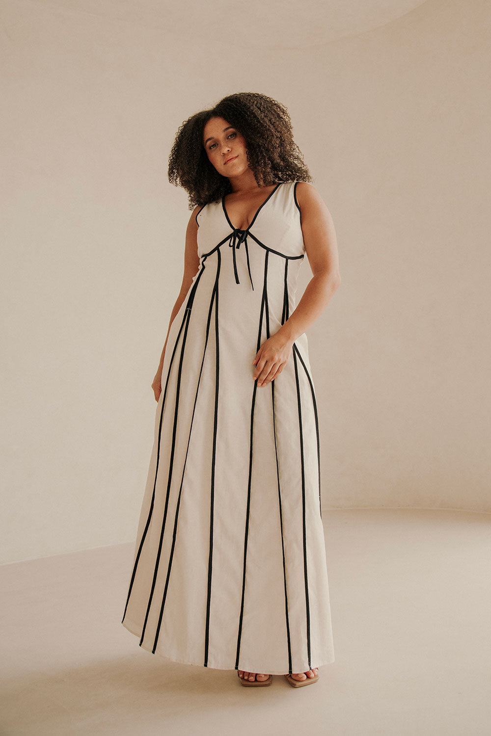 Maylin V Neckline Tie Maxi Dress - Cream, Black