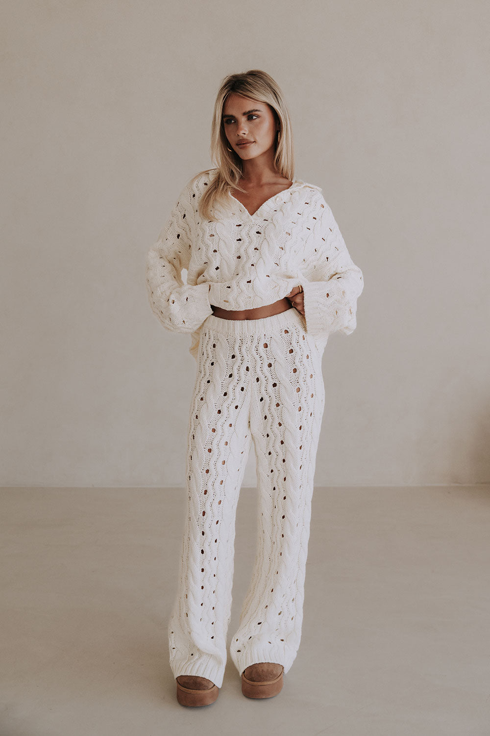 Cream Cable Knit Long Sleeve Collar Elana Sweater