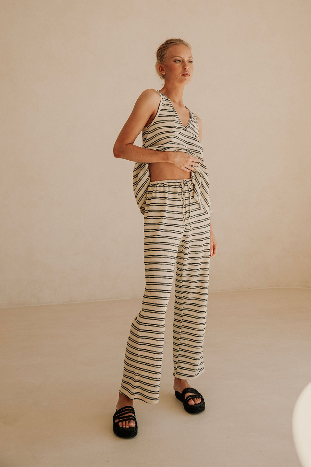 Black And White Stripe Relaxed Drawstring Lana Pants