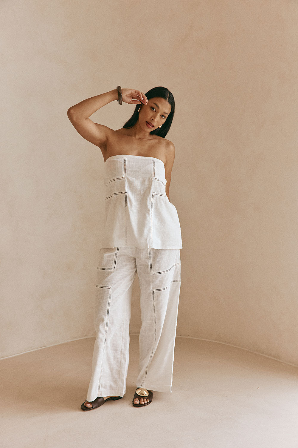 White Cheesecloth Elastic Drawstring Carissa Pants