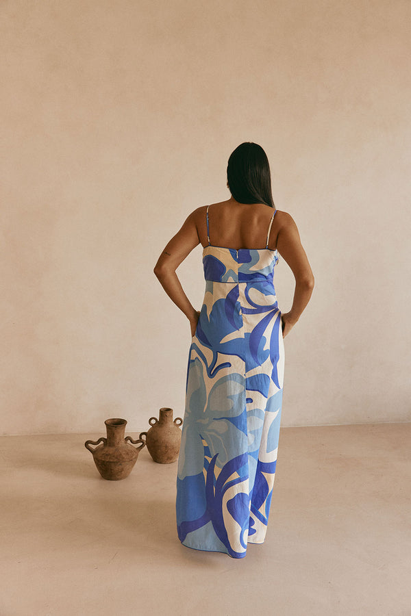 Valley Blue Print Strappy A Line Maxi Tasmin Dress