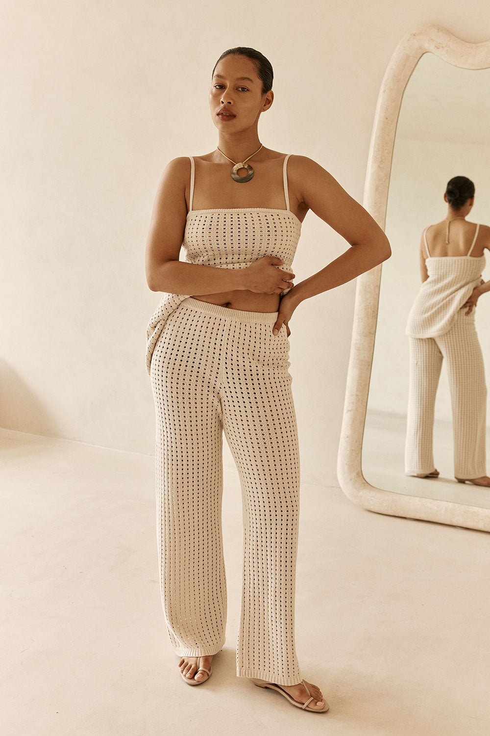 Beige Crochet Knit High Waist Nev Pants