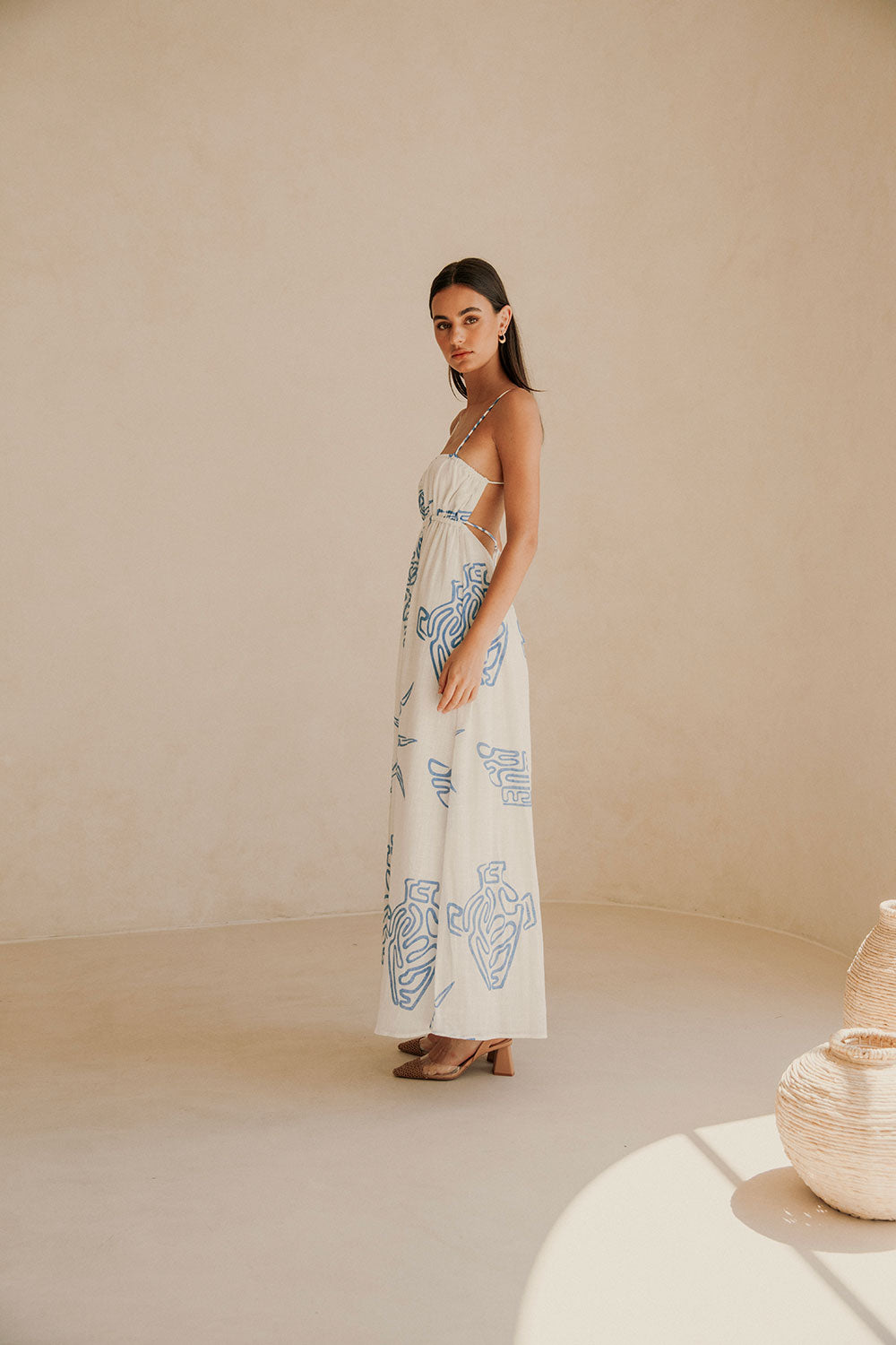 Catie Thin Strap Tropical Backless Maxi Dress - White, Blue Evoke Print