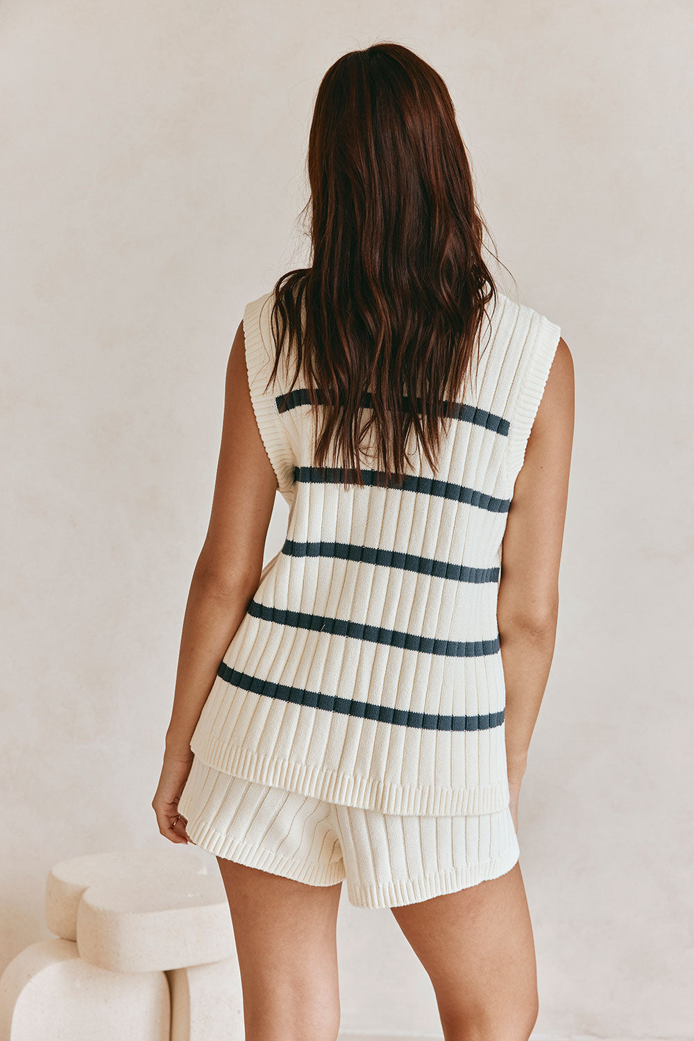 Cream and Black Stripe Knit Button Up Depp Top