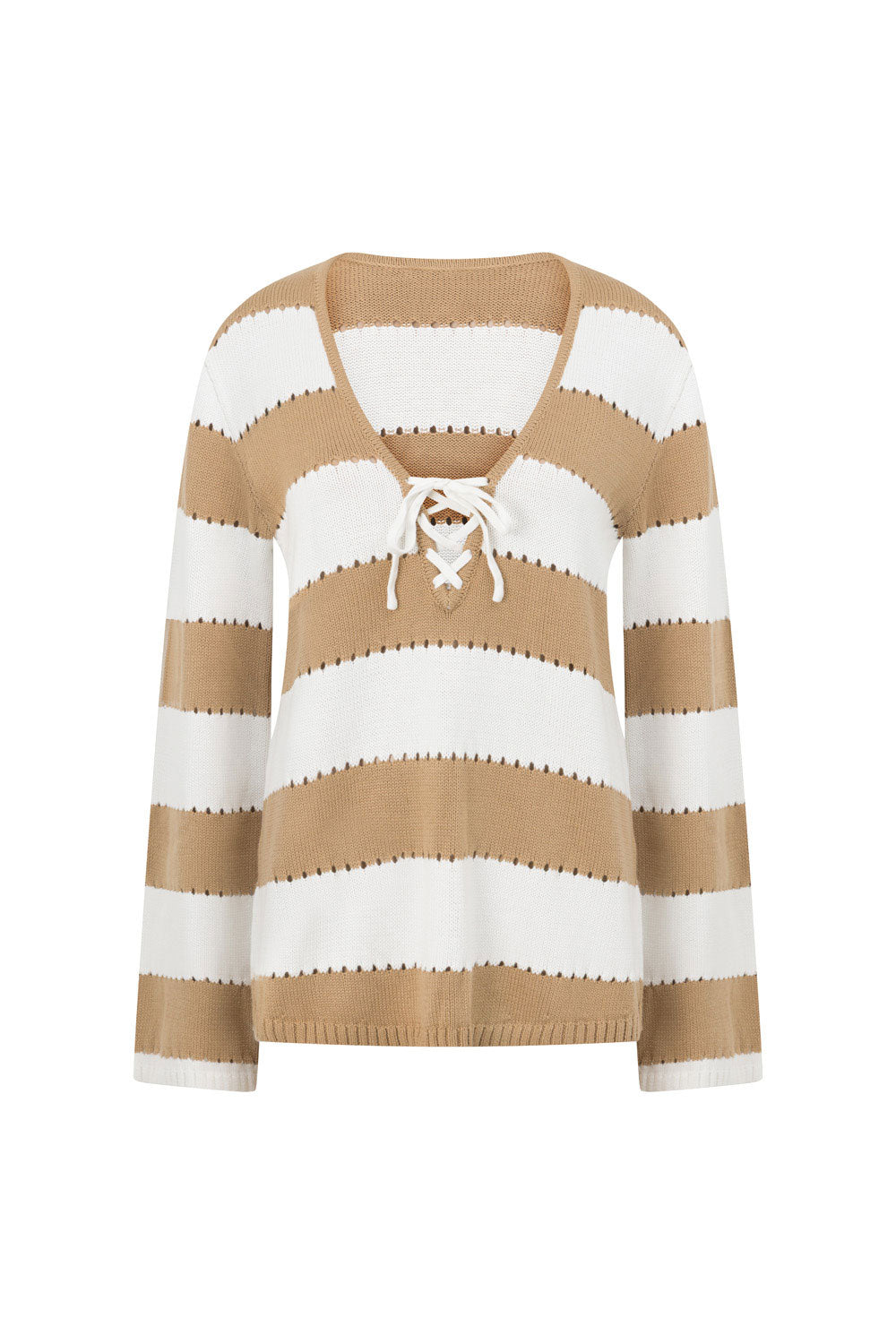 Tan and White Striped Knit Long Sleeve Akora Top