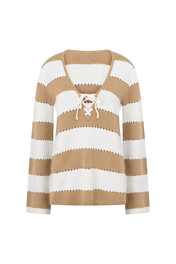 Tan and White Striped Knit Long Sleeve Akora Top