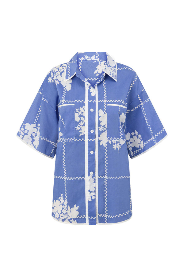 Black Check Flowers Button Up Short Sleeve Amira Top