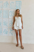 Cream Ribbed Drawstring Indigo Top