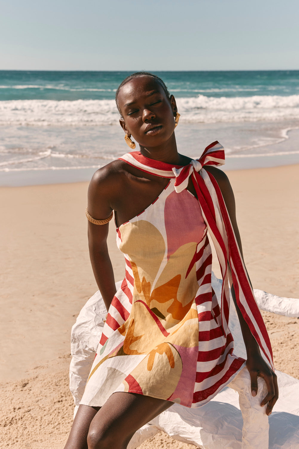 Red Estivo Abstract Print Asymmetric Mini Carmen Dress