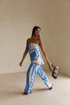 Palm Blue Print Elastic Drawstring Alma Pants