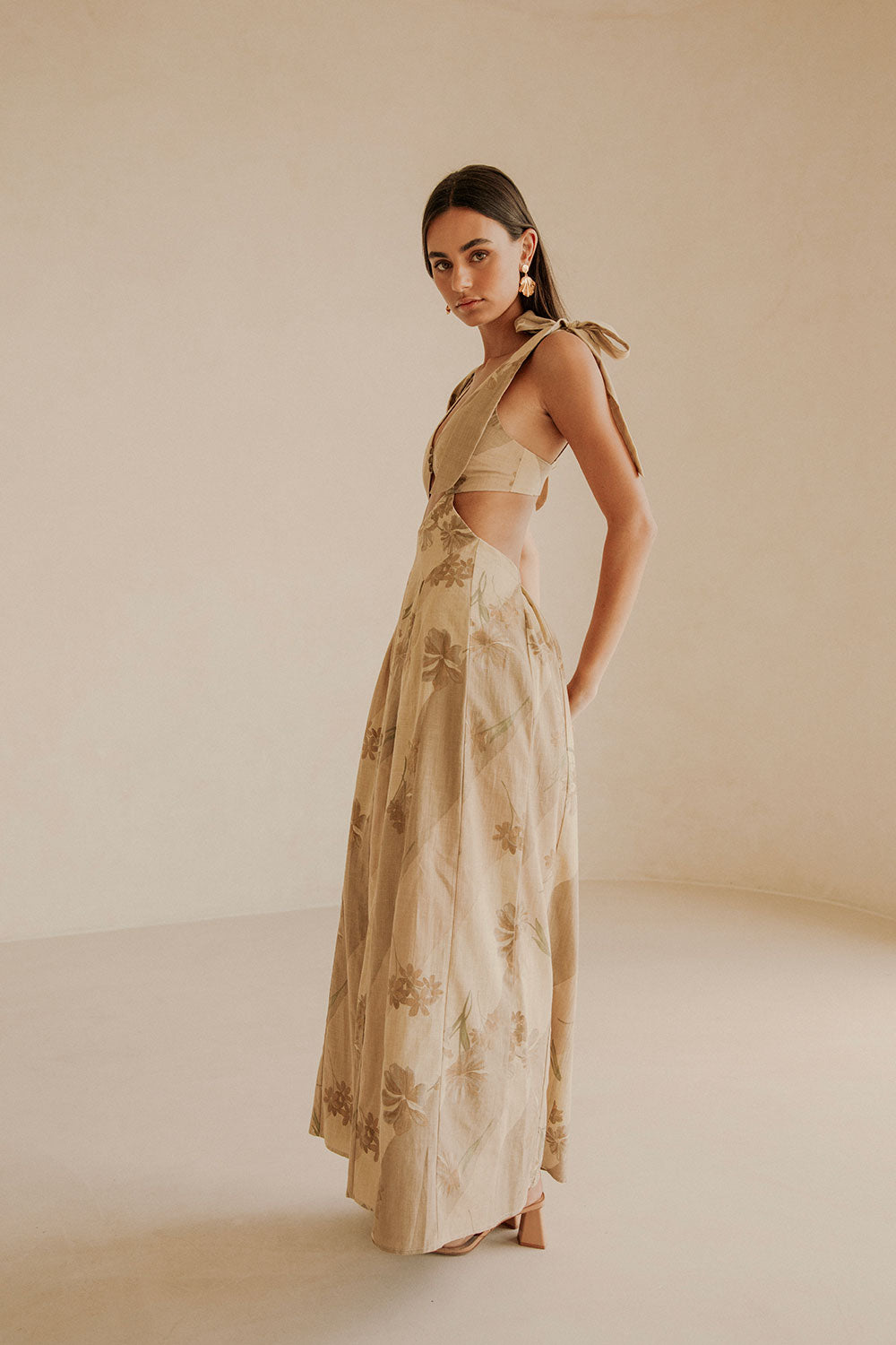 Maivie Tropical Cutout Tie Maxi Dress - Brown, Green Tawny Bloom Print