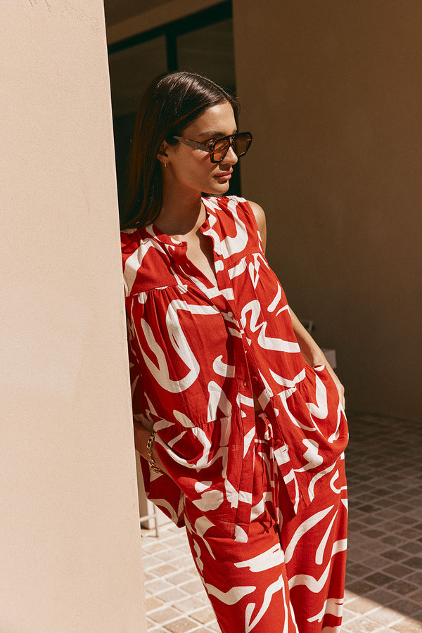 Red Fila Rogue Floral Print Button Up Sleeveless Elena Top