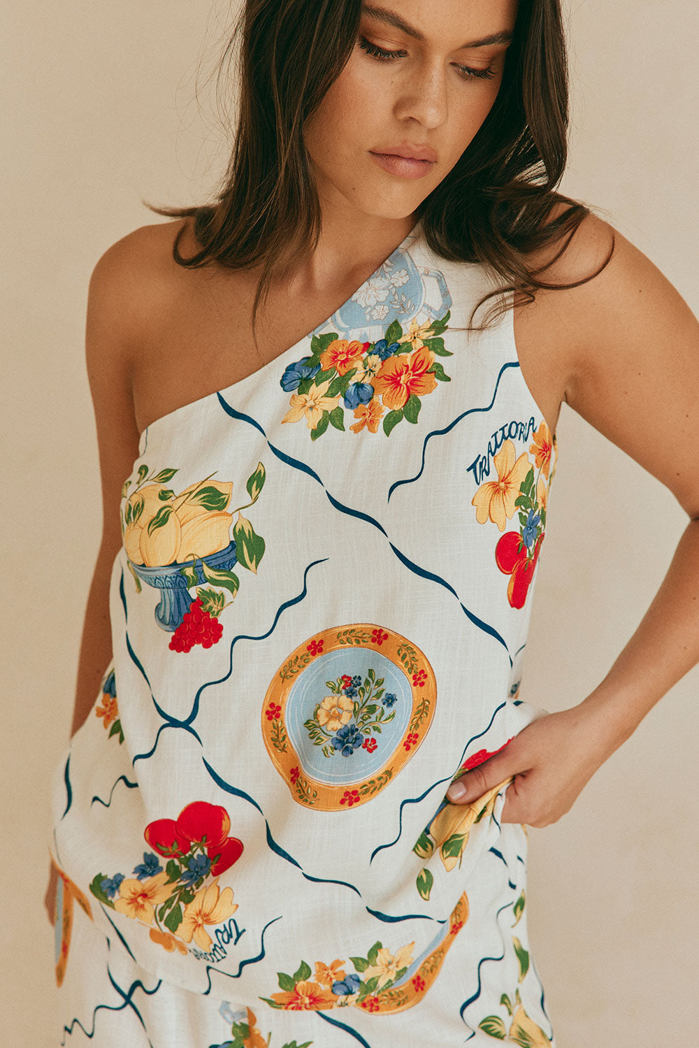 White Trattoria Print One Shoulder Tie Giuliana Top