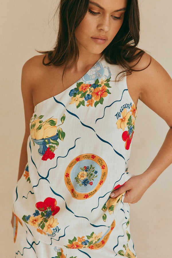 White Trattoria Print One Shoulder Tie Giuliana Top
