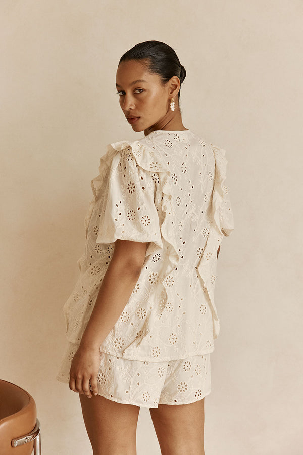 Beige Broderie Ruffle Button Up Wynter Top