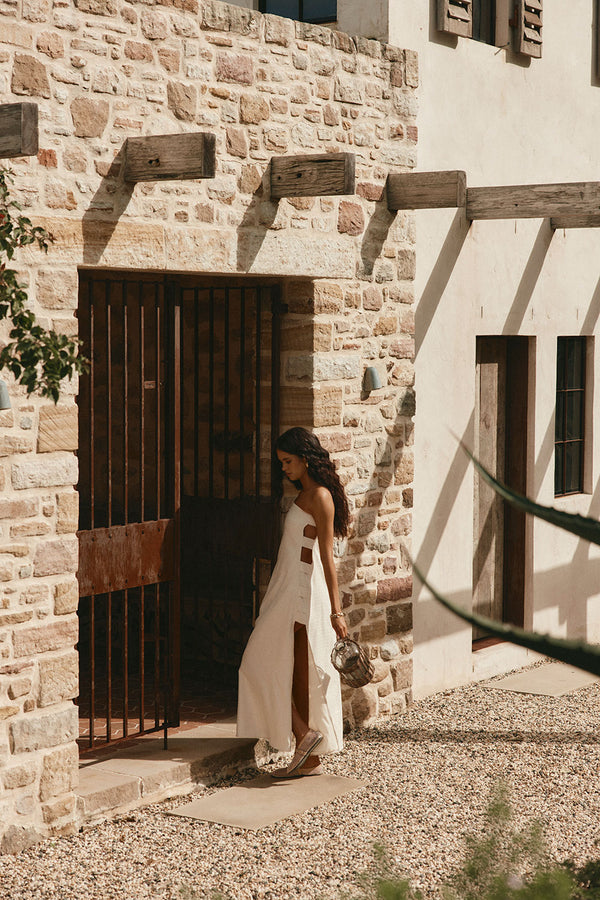 Beige Strapless Cut Out Side Split Maxi Belen Dress