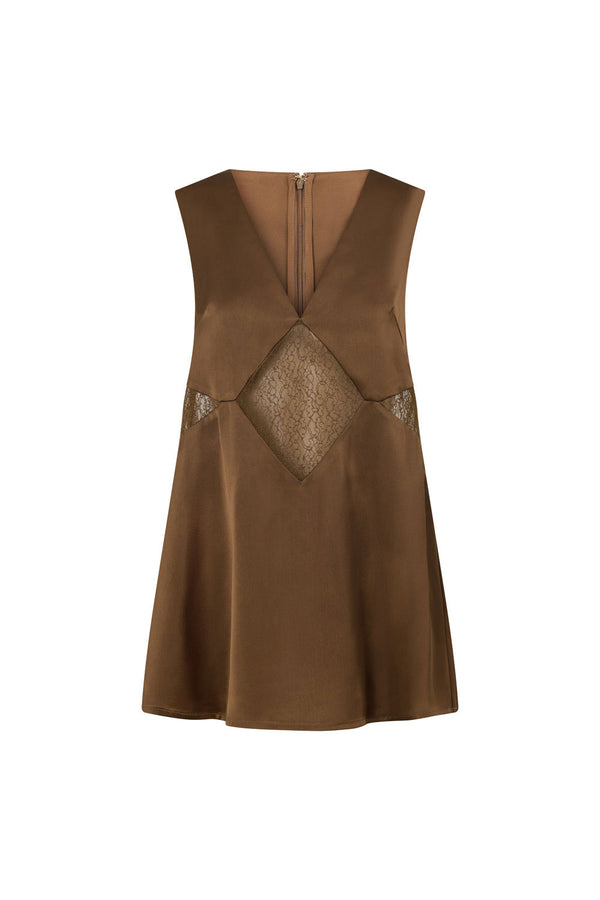 Brown Silky V Neck Lace Panel Zuri Top