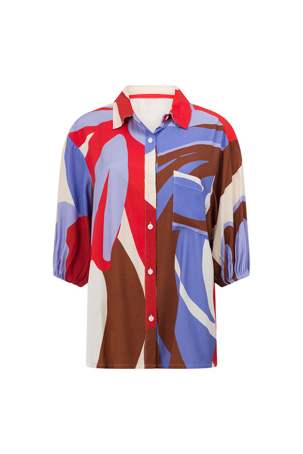 Valley Red Print Button Up Short Sleeve Dia Top