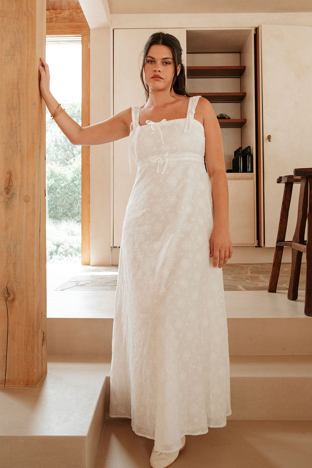 White Embroidered Wide Strap Maxi Evi Dress