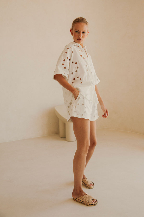 Ellakai Button Up Short Sleeve Cutout Top - Cutwork Print - White