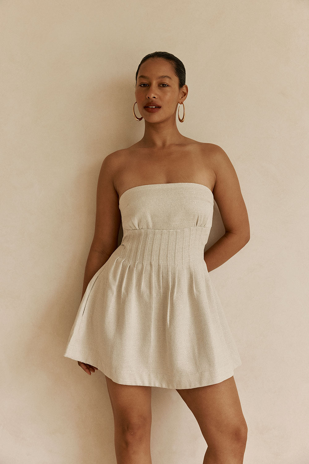 Beige Strapless Pin Tick Mini Tabi Dress