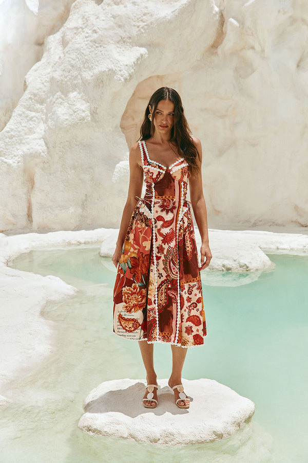 Red Floral Barocca Print Sweetheart Maxi Alessa Dress