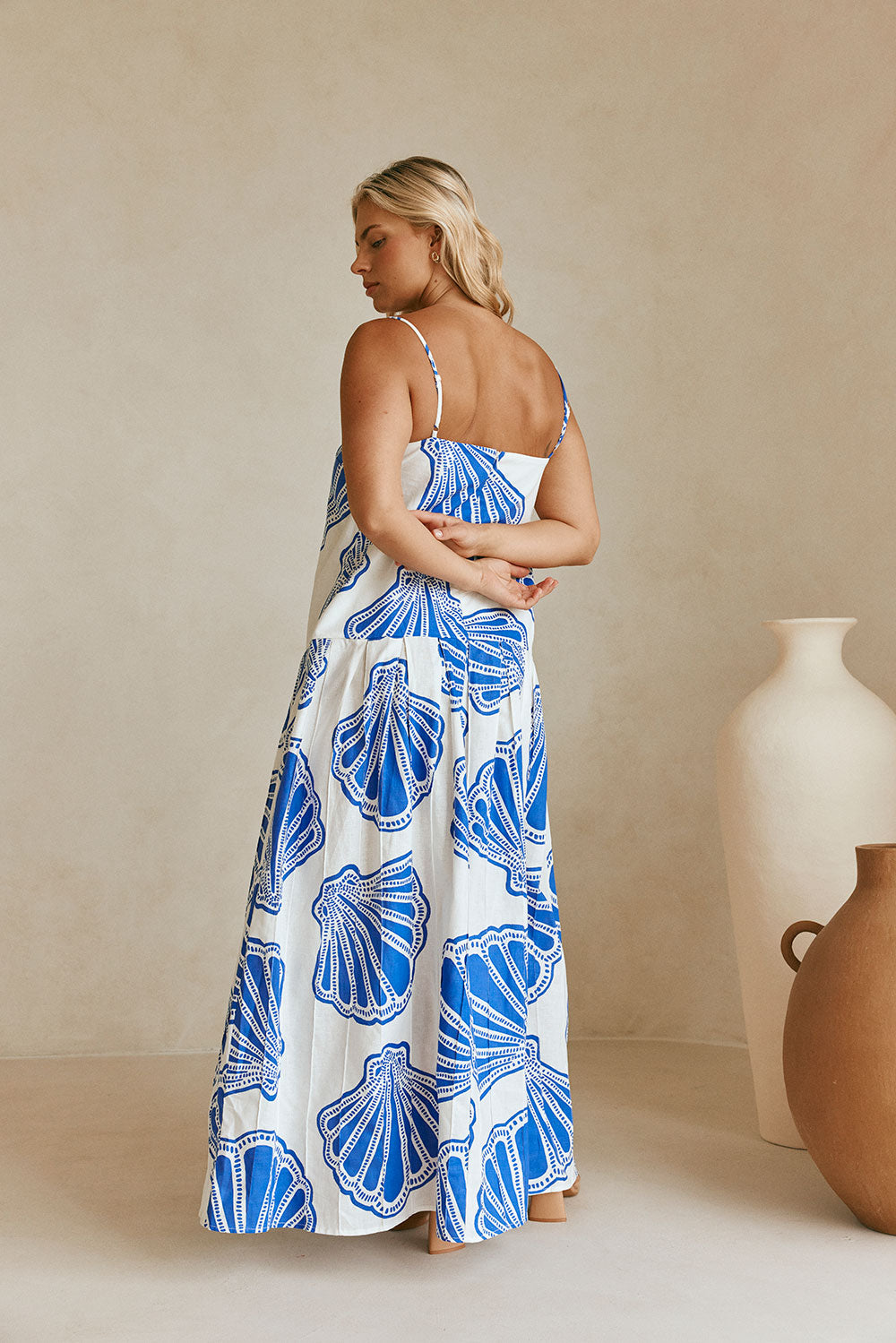 Bette Thin Strap Maxi Dress - Seashell Print, Blue, White