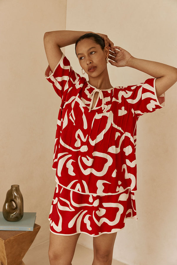 Red Fila Rouge Floral Print Button Up Rayne Top