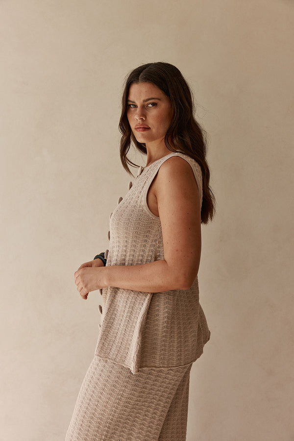 Beige Cotton Knit Button Up Lilah Top