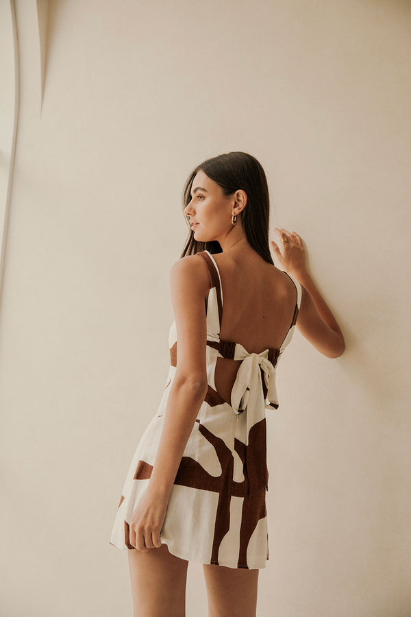 Ellis Thick Strap Cutout Tie Mini Dress - Brown, White Sunroom Chocolate Print