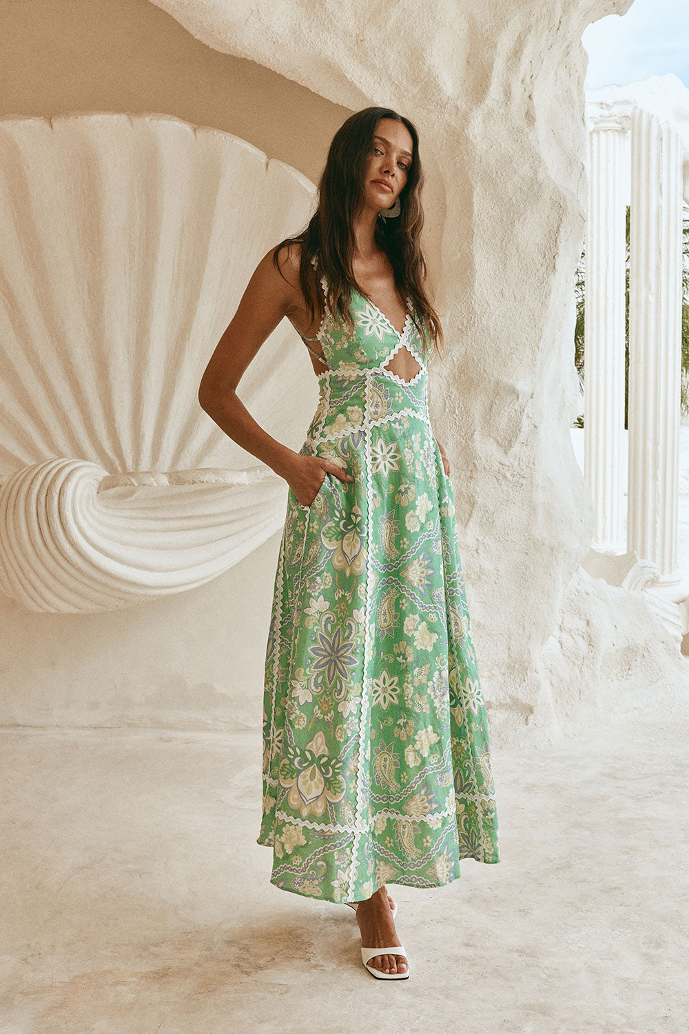 Green Floral Heritage Print V Neck Maxi Evia Dress