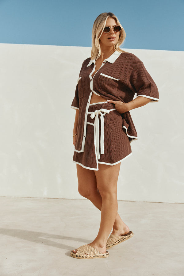 Brown Crochet Knit Wrap Mini Shiloh Skirt