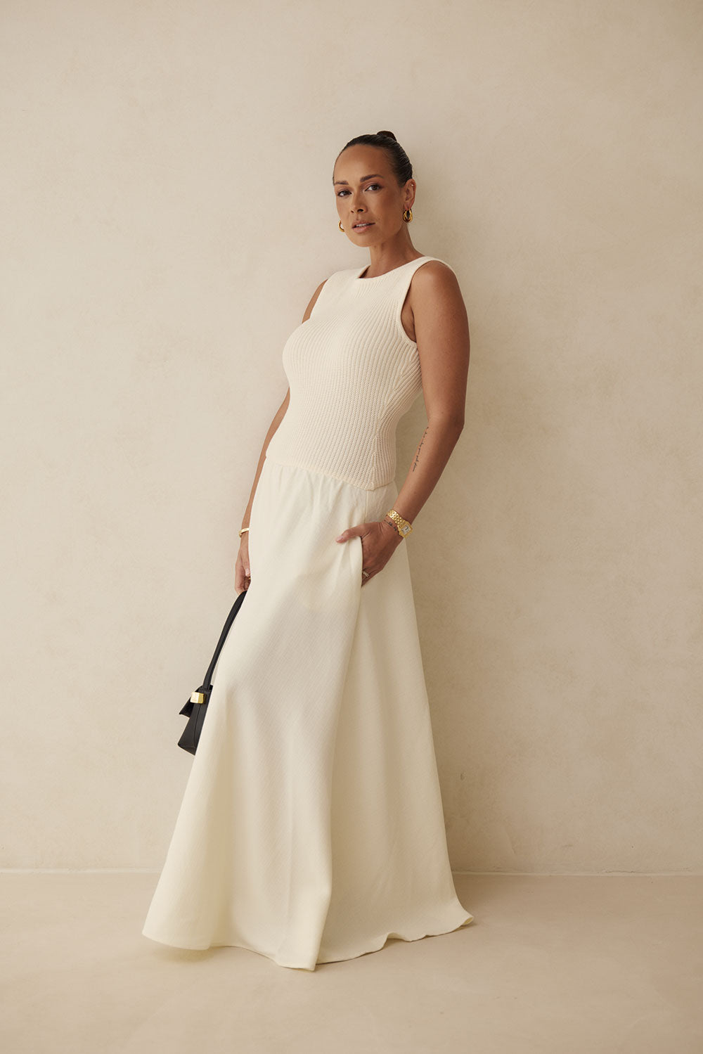 Cream Ribbed Round Neck Flowy Maxi Bryce Dress