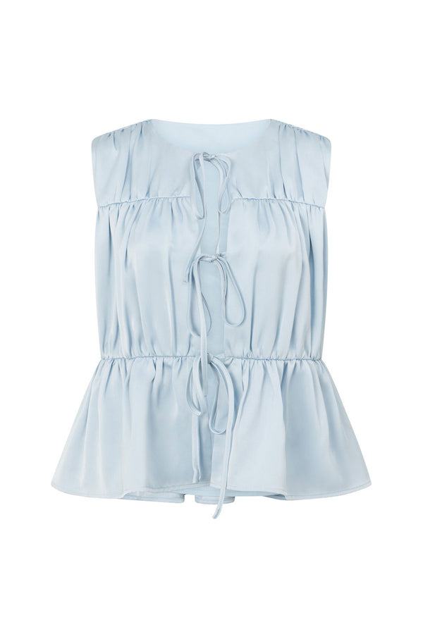 Blue Ruched Panelled Front Tie Juliette Top