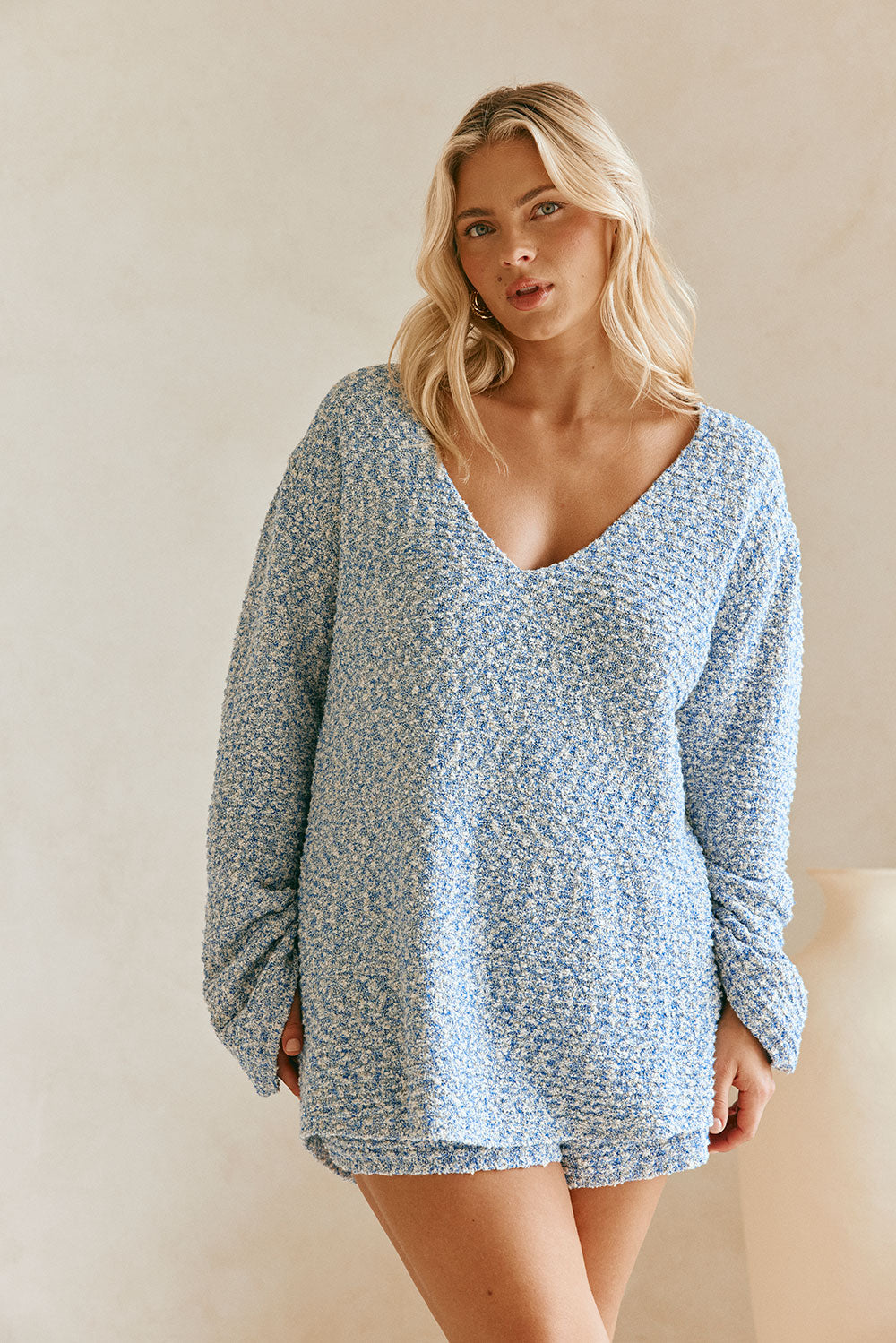 Blue Knit Long Sleeve Backless Tori Top