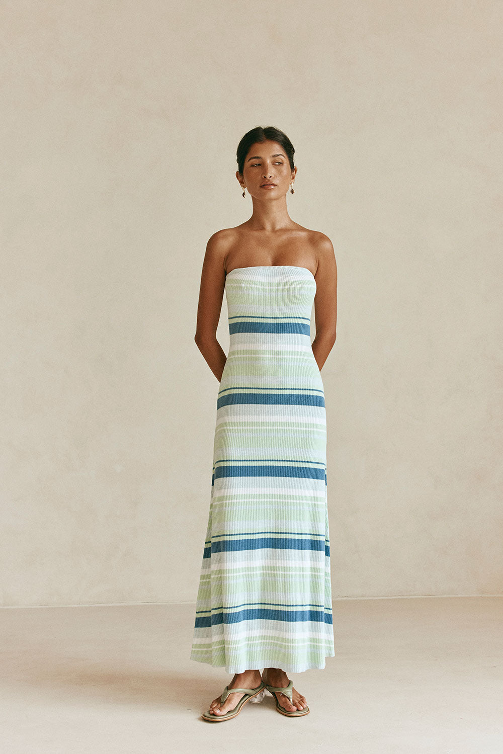 Green and White Stripe Strapless Maxi Anya Dress