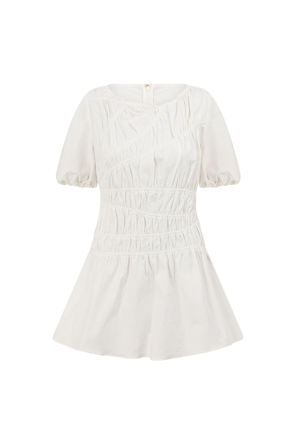 White Cotton Ruched Mini Lou Dress