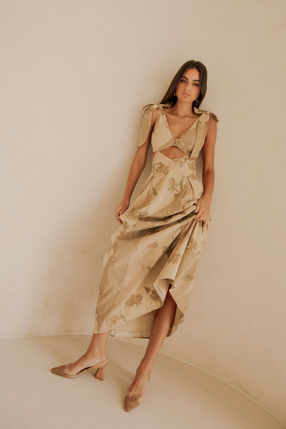 Maivie Tropical Cutout Tie Maxi Dress - Brown, Green Tawny Bloom Print