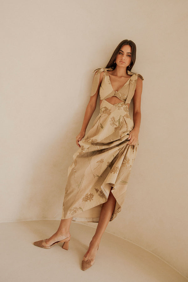 Maivie Tropical Cutout Tie Maxi Dress - Brown, Green Tawny Bloom Print