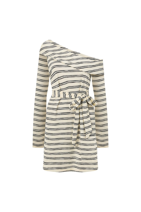 Cabana Off Shoulder Long Sleeve Mini Dress - Cream, Black Stripe