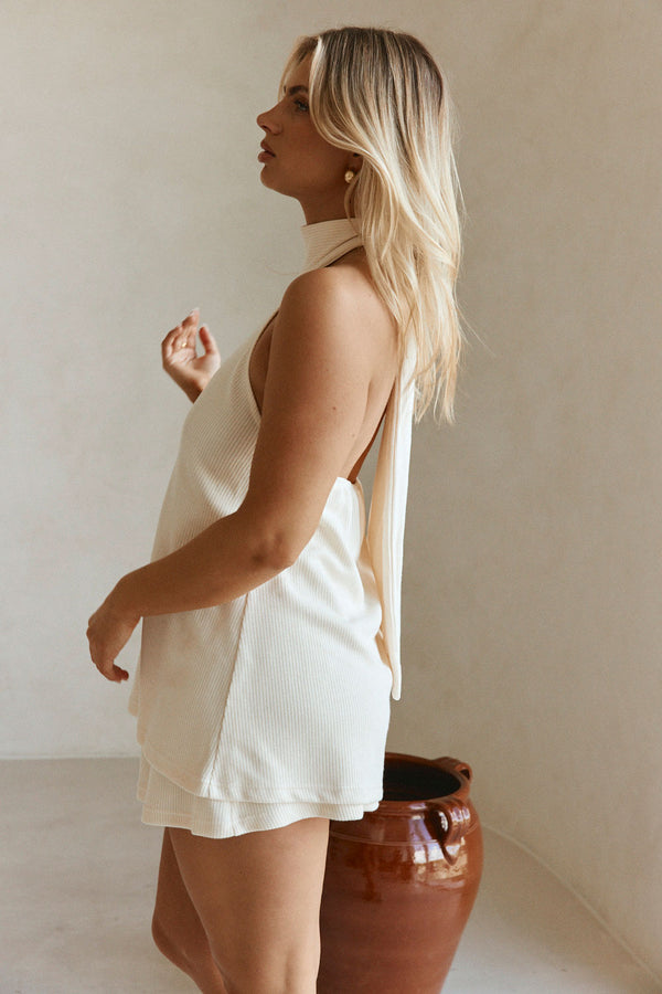 Off White Ribbed Halter Neck Mini Malayah Dress