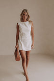 Alexi Button Mini Dress - White, Brown trim