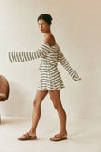 Cabana Off Shoulder Long Sleeve Mini Dress - Cream, Black Stripe