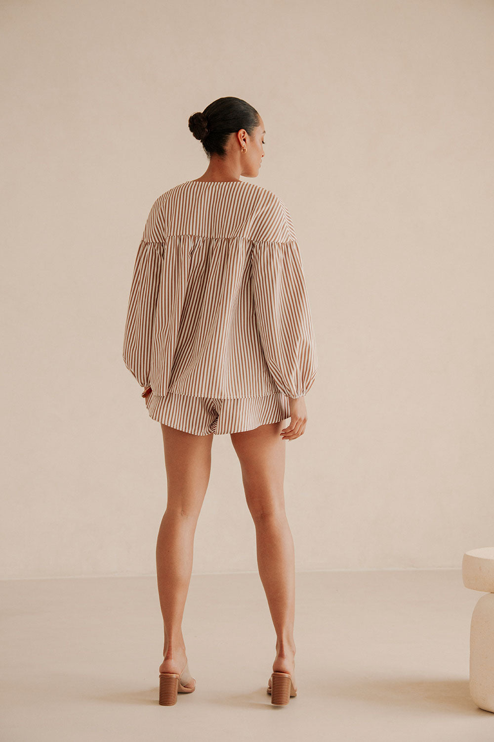 Pennie Long Sleeve Tie Top - Brown, White Stripe