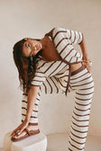 Mia Collared Button Up Short Sleeve Knit Top - Cream, Brown Stripe