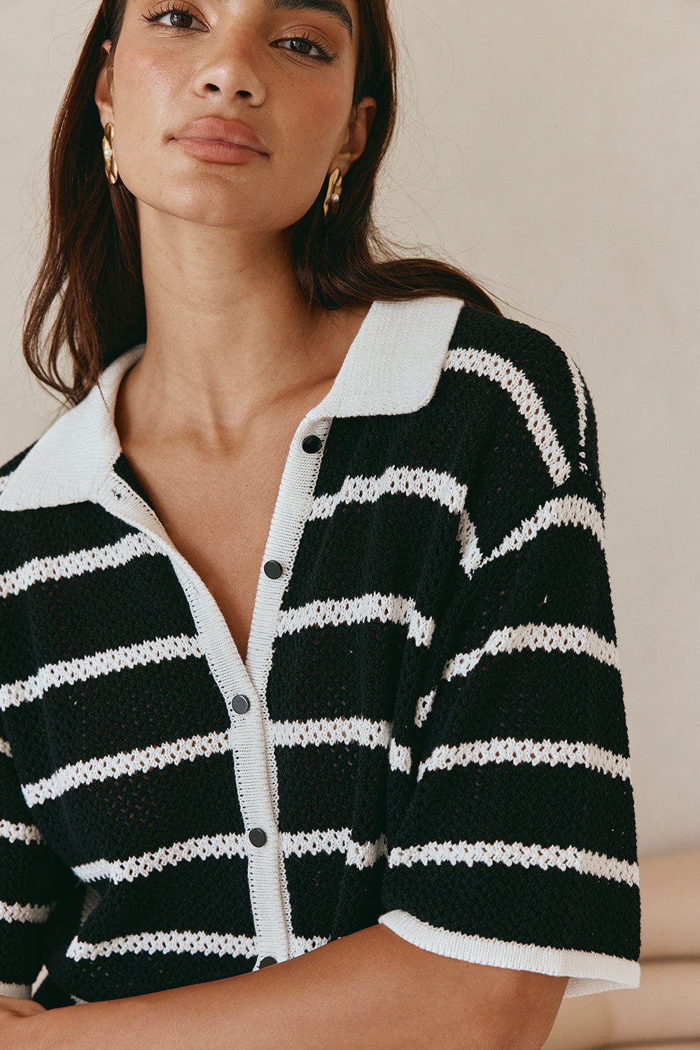 Black And White Stripe Knit Button Up Collar Mia Top