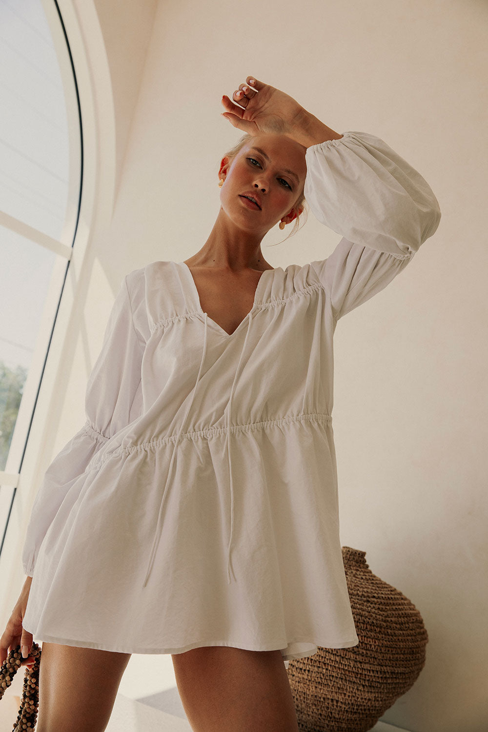 White 3/4 Sleeve Ruched Mini Ava Dress