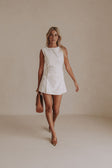 Alexi Button Mini Dress - White, Brown trim