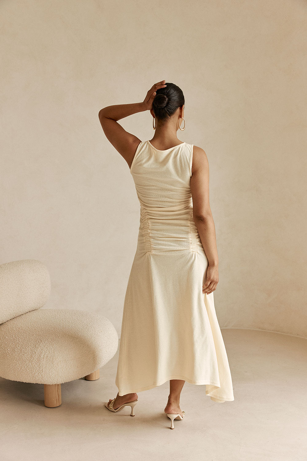 Cream Ruched Maxi Ema Dress